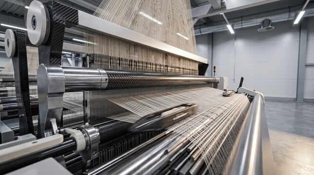 Industrial textile loom machine weaving fabric in a modern cloth factory
