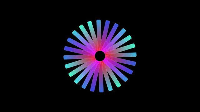 Vibrant radial loading spinner animation featuring colorful neon gradient bars rotating in a circular motion against a solid dark black background for modern digital interface elements