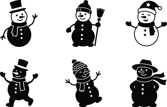 Set of six black silhouette icons of cute snowmen in various poses and accessories like hats, scarves, and brooms, isolated on a white background, for winter holiday, and christmas season