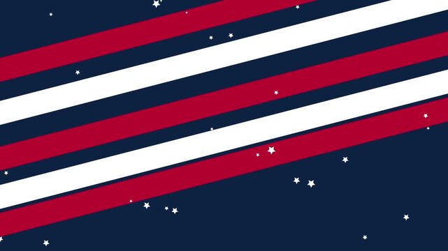 Patriotic red white and blue diagonal stripes flowing across the frame with floating stars creating a dynamic motion video effect for national holiday celebration projects