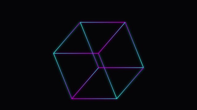 Glowing neon geometric cube rotating in dark space creates hypnotic abstract motion footage for modern digital background displays with vibrant blue and magenta light color effects