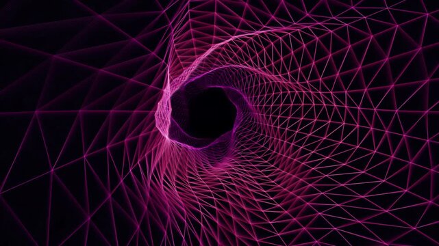 Rotating pink mesh tunnel animation featuring complex geometric wireframe patterns moving through deep space creating an immersive digital motion video effect for high tech creative projects