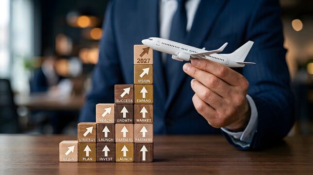 A business professional carefully positions a miniature airplane atop a tower of shipping boxes symbolizing expansion and supply chain management