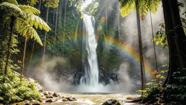 A waterfall flows down into a clear pool surrounded by tall trees in a tropical forest. Sunlight shines through, creating a rainbow above the water
