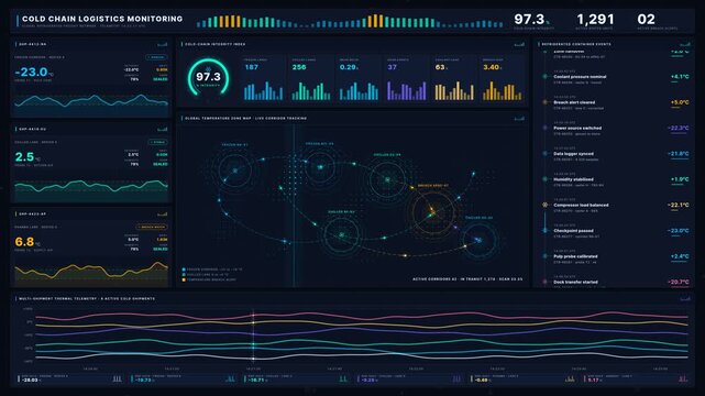 Explore a hyper-detailed 4K cold chain logistics monitoring dashboard featuring a world map, glowing temperature overlays, and real-time sensor data in a dark-mode design.