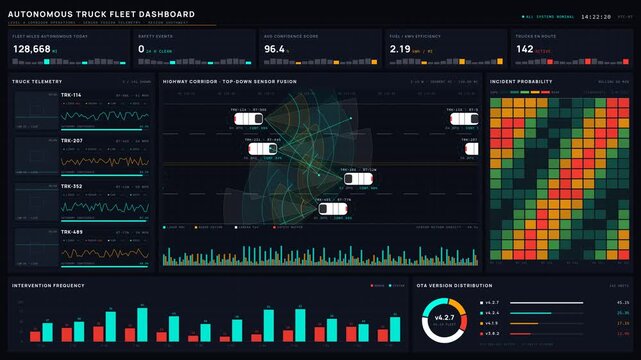 A sleek dark-mode autonomous truck fleet dashboard showcasing precision metrics, sensor overlays, and real-time data visualizations for efficient transport management.