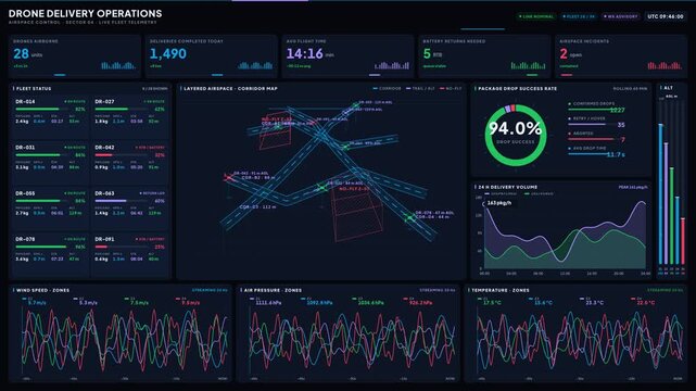 Explore a detailed dark-mode drone delivery operations dashboard featuring a 3D airspace map, real-time telemetry, and key performance indicators for efficient logistics management.