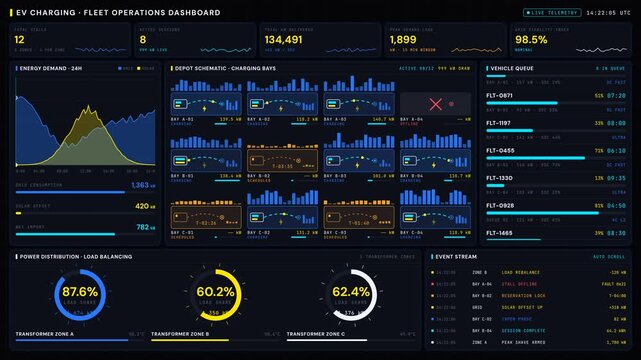 Explore a high-voltage aesthetic 4K dark-mode EV charging fleet operations dashboard featuring real-time metrics and animated visualizations for energy management and vehicle status.