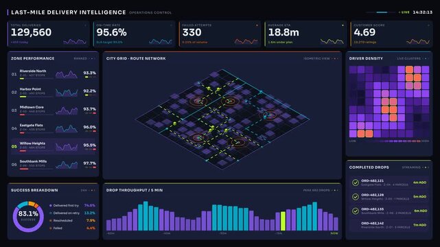 Explore a visually striking last-mile delivery intelligence dashboard featuring an isometric city grid, animated courier routes, and vibrant KPI metrics in a dark-mode layout.