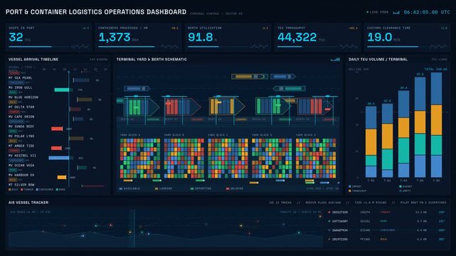 Explore a cinematic dark-mode logistics operations dashboard showcasing a photorealistic port schematic with animated cranes and color-coded container statuses in 4K resolution.