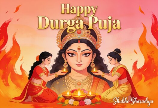 Illustrated celebration of Goddess Durga Puja with devotees offering prayers and flowers