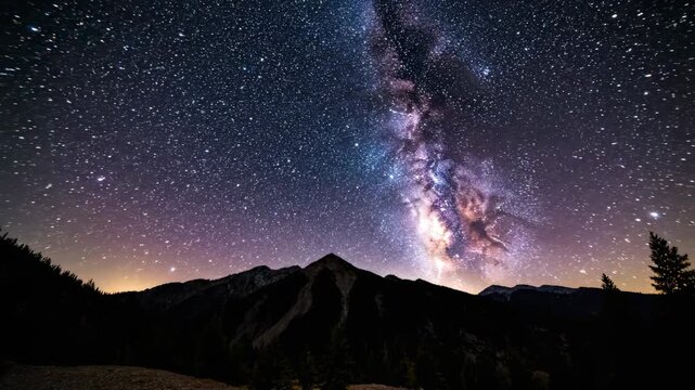 Stars fill the sky above a mountain range at night. The Milky Way is visible as it stretches across the darkness. Light from the distant city glows softly in the background