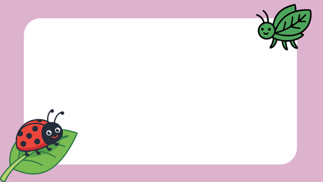 Cute ladybug and insect frame, pink cartoon border with white copy space, adorable bug illustration for kids stationery