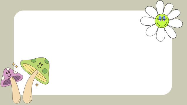 Retro groovy background with cute mushrooms and daisy. Aesthetic y2k frame for social media. Pastel botanical border with copy space.