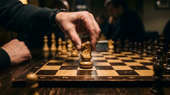 Focused chess player intensely considering a move during a competitive tournament game with spectators