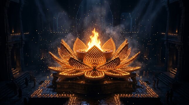 Spectacular temple rooftop illuminated with flames and surrounded by night sky