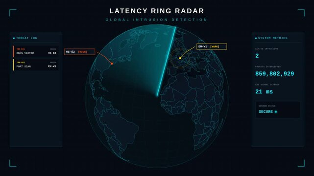 Global cyber security radar screen with world map with threat logs active intrusion alerts, for digital defense, network monitoring, information technology, security operations center