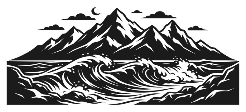 Mountain landscape with waves and crescent moon symbol