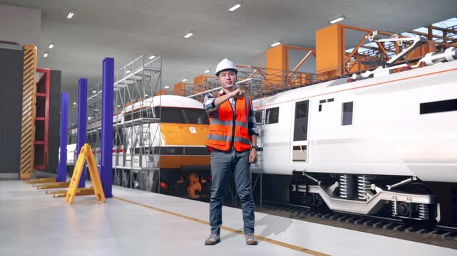 Full Body Of Asian Male Engineer With Safety Helmet Smiling And Touching His Chest Then Pointing At You While Standing at Train Locomotives Maintenance Depot Scaffolding