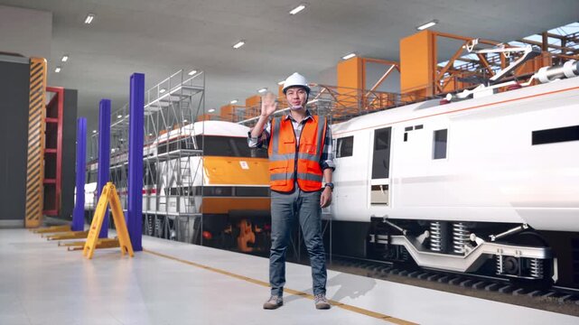 Full Body Of Asian Male Engineer With Safety Helmet Smiling To Camera And Waving Hand Saying Bye While Standing at Train Locomotives Maintenance Depot Scaffolding