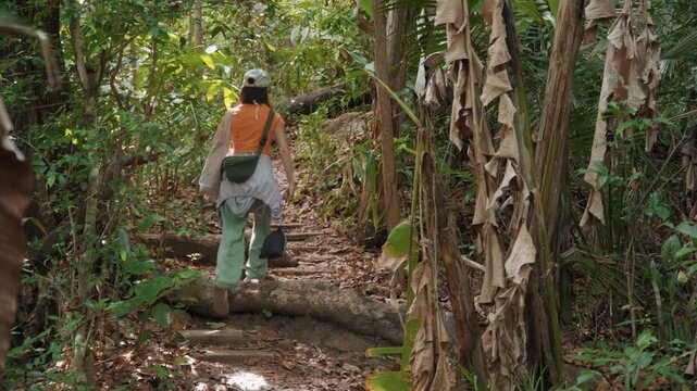 Close up of woman walking steadily along forest trail carrying bags and wearing casual outdoor clothing. scene features dense green foliage with sunlight filtering through trees on path