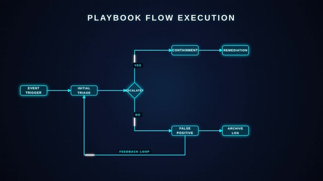 Playbook flow execution diagram for event trigger, initial triage, feedback loop, for cybersecurity workflow, incident response process, digital risk management system