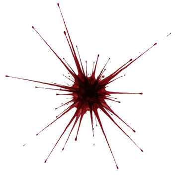 Dark red liquid splatter with sharp radial streaks and droplets isolated on a transparent background