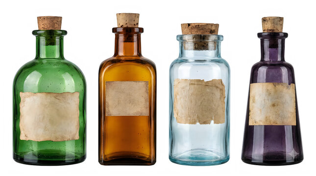 Four vintage apothecary glass bottles with cork stoppers and blank labels isolated on transparent background