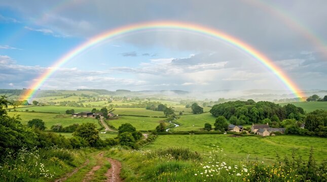 A vibrant rainbow arcs across a picturesque landscape. The rainbow spans over a rolling green valley dotted with small farmhouses and fields.