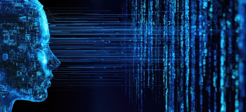 A blue digital head profile against a backdrop of falling binary code