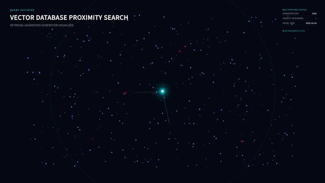 Vector database proximity search interface with glowing nodes connecting lines, for data retrieval, machine learning, artificial intelligence, information processing in modern technology