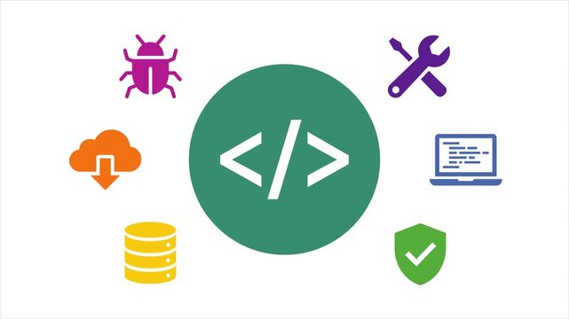 Flat vector web coding icon set with programming code elements