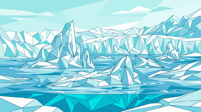 Low poly arctic landscape illustration, geometric icebergs and ocean water vector, polygonal winter environment design, icy blue aesthetic background