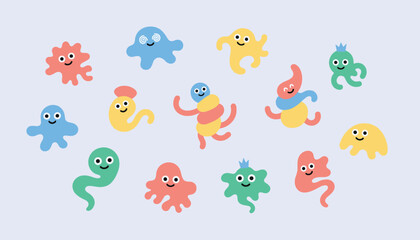 Fototapeta premium Group of cute colorful cartoon monster blobs and smiling bacteria characters isolated on a light lavender background.