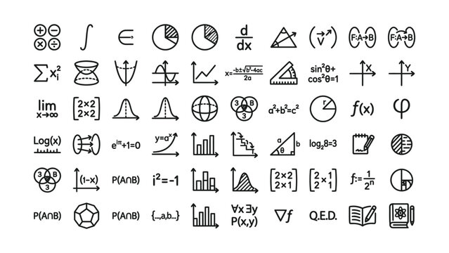 Mathematics Icon Set in Linear Style. Collection of Calculus line icons, including algebra, geometry, trigonometry, statistics, formula, equation and more.