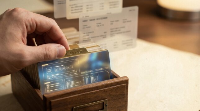 Individual holding business card to illustrate ai context prioritization keeping relevant information accessible and organized