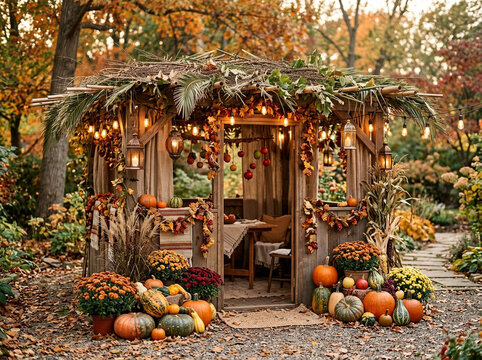 Rustic autumn gazebo with pumpkins and mums. Festive fall harvest celebration backdrop. Cozy outdoor dining scene with warm lights and seasonal foliage
