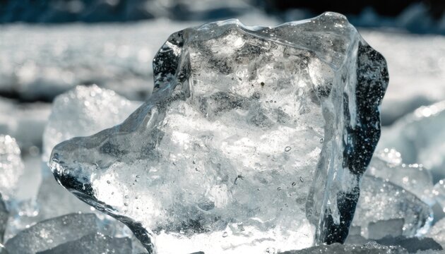 Close-up of a large, translucent ice chunk with internal textures