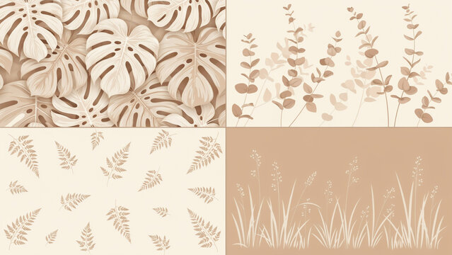 Set of botanical featuring monstera leaves, eucalyptus, ferns, and grasses in beige