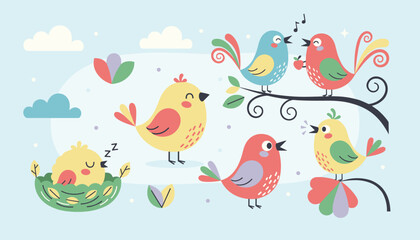 Naklejka premium Cute cartoon colorful birds singing, sleeping in a nest, and perched on tree branches on a light blue sky background.