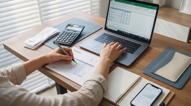 Professional accountant hands working on laptop with financial spreadsheet invoice calculator and tax documents on desk.