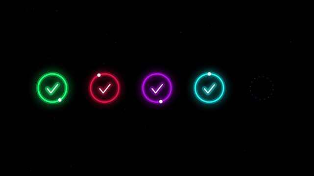 Neon checkmark icons glow sequentially across a black background indicating progress or completion completion sequence validation approval success positive confirmation