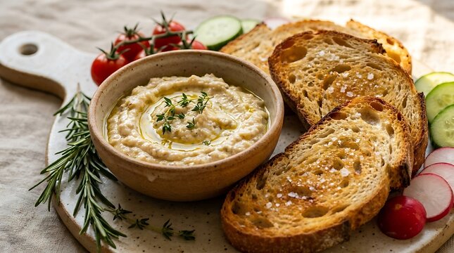 Creamy hummus dip in a wooden bowl served with slices of toasted bread and fresh vegetables for lunch. dip and toast combo