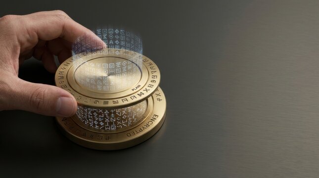 Hand holding a coin to illustrate data encryption and the transformation of information into unusable form