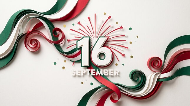 Mexican Independence Day celebration background, 16 September date with green and red ribbons, festive paper craft style