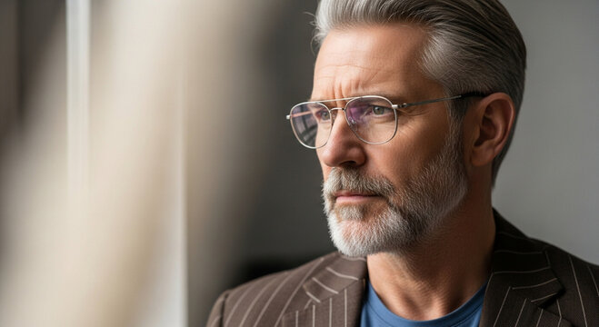Mature Man With Gray Hair And Beard Wearing Glasses And A Pinstripe Suit Looking Out A Window