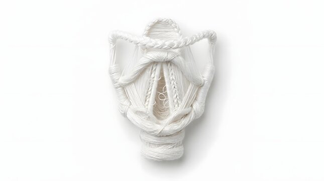 Anatomical model of human vocal cords crafted from white thread on a clean white background.