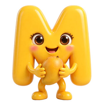 Cute 3D yellow letter M character mascot holding a fresh ripe mango. High quality render isolated on white background, ideal for kids educational tools, fruit, and alphabet design projects.