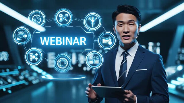 asian businessman presenting futuristic webinar online presentation with tech digital screen for corporate event