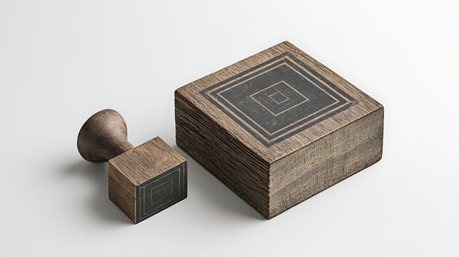 Ancient wooden printing block and stamp with square geometric patterns isolated on white background. Traditional craftsmanship tool for artistic textile design.